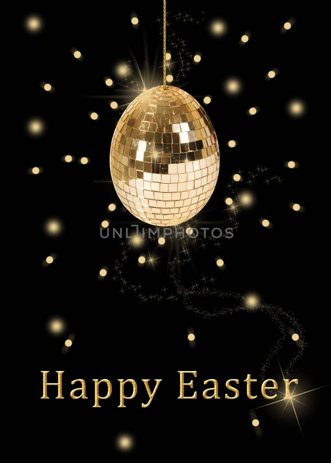 A glamourous easter illustration: a hanging disco ball in a shape of an easter egg with shiny golden sequins on a black background.