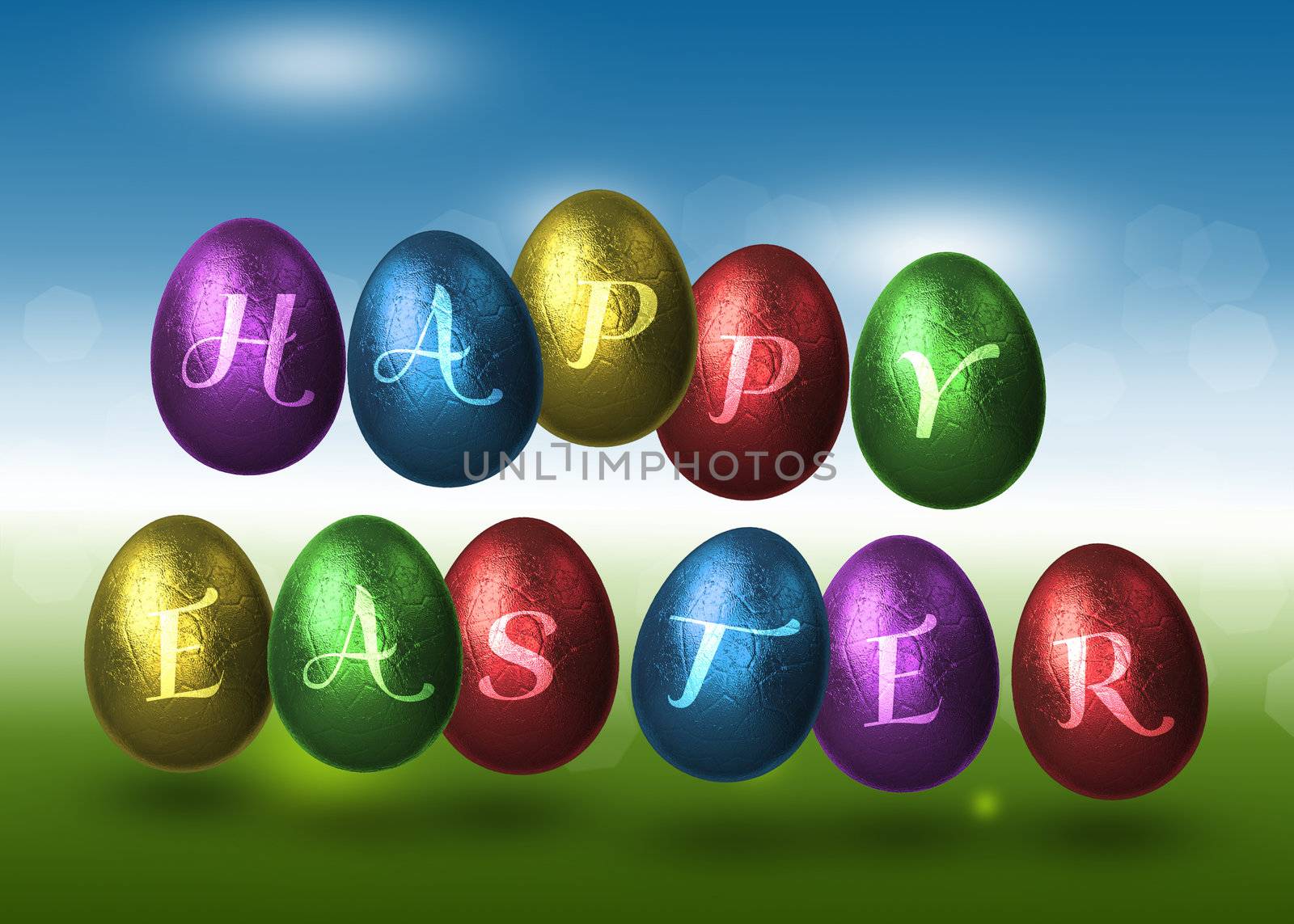 A colourful easter illustration: Metalic style coloured Easter eggs with "Happy Easter" lettering.