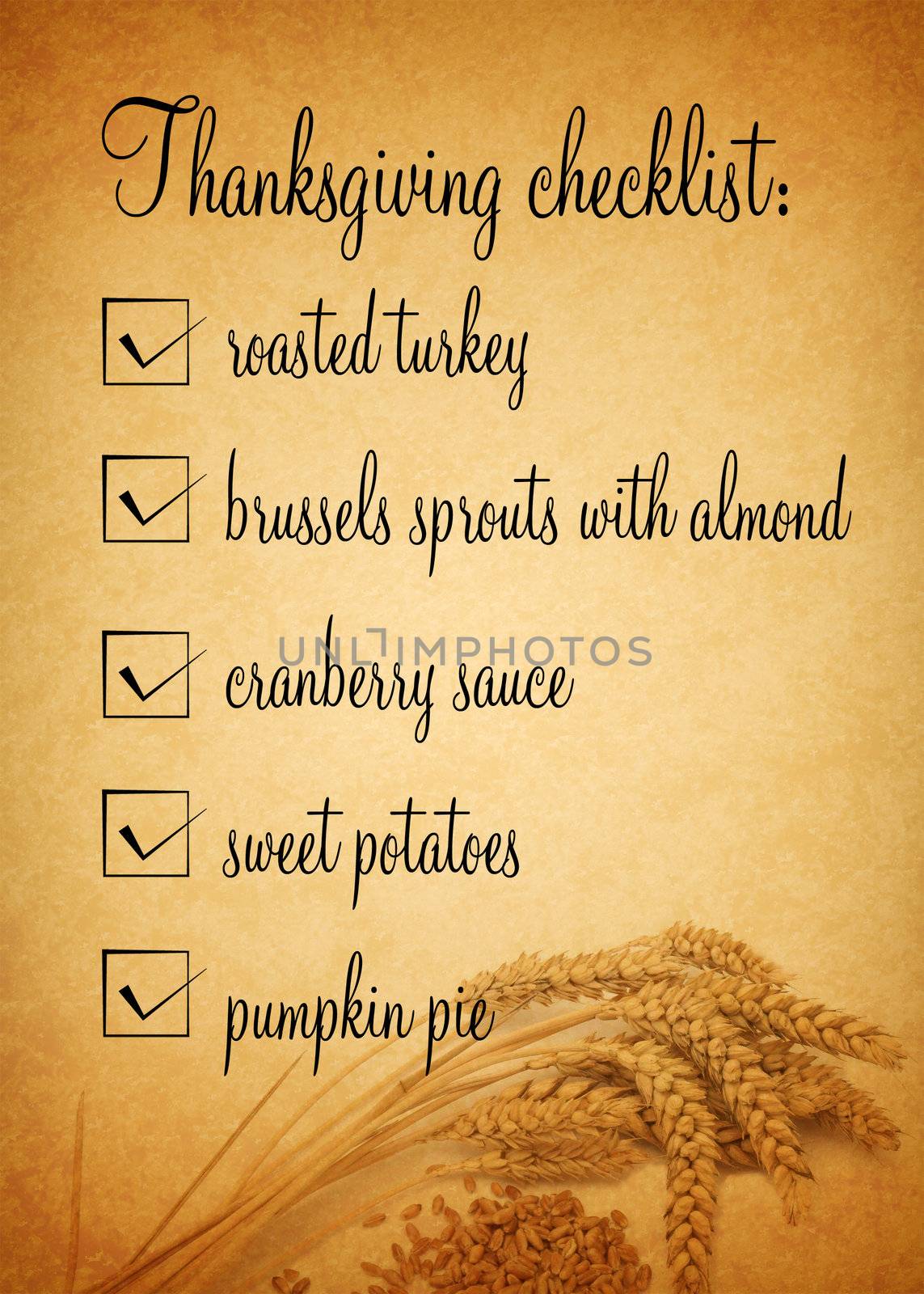 Thanksgiving checklist illustration with wheat on a brown coloured background.