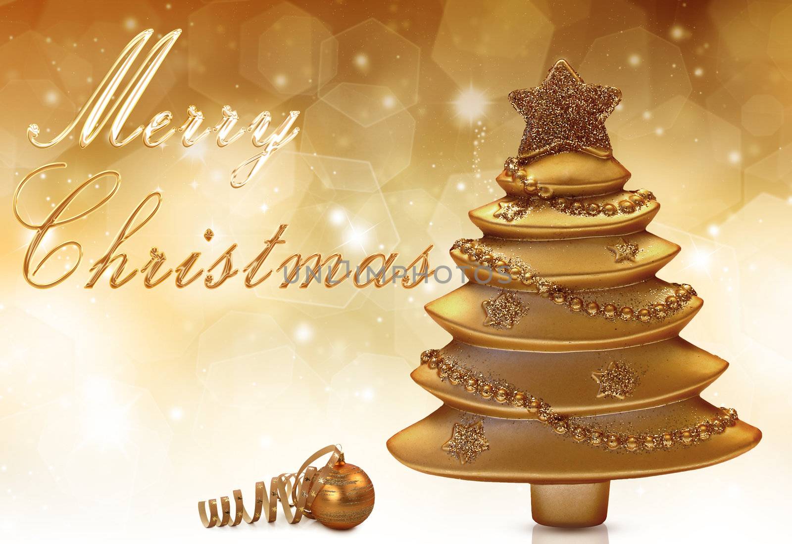 A golden Merry Christmas Illustration with a christmas tree and a christmas ball with a ribbon on a bokeh background.