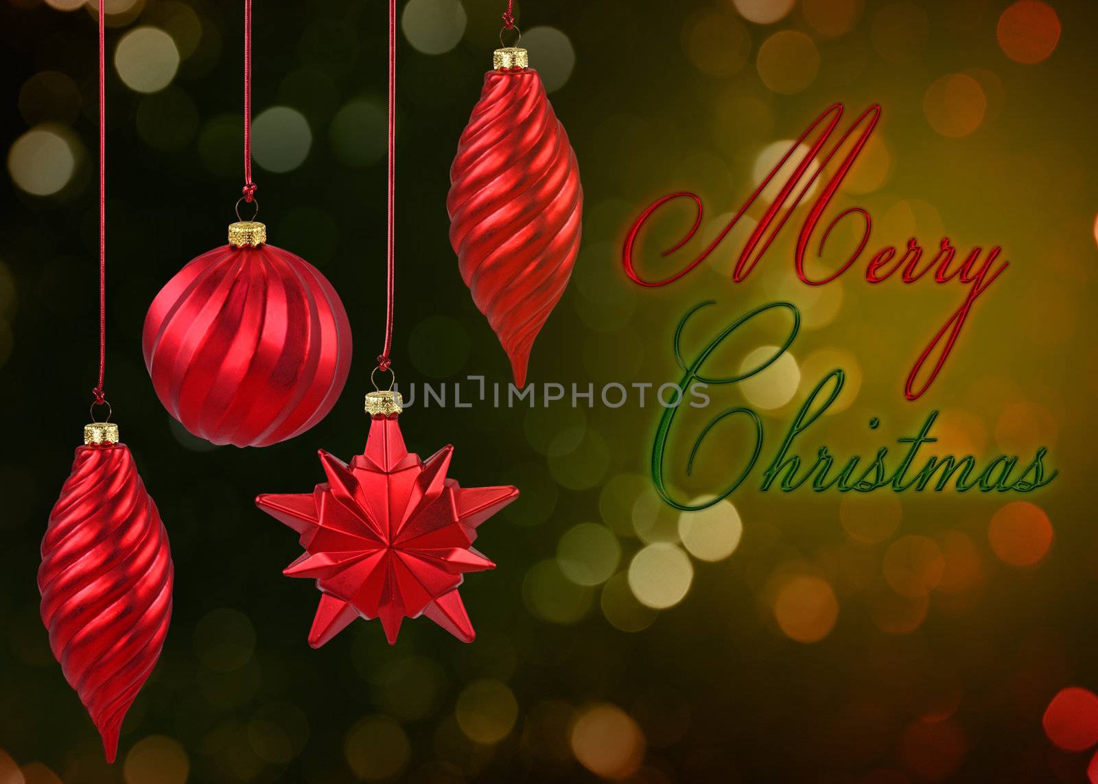 Merry Christmas illustration: 4 red Christmas baubles on a red-green bokeh background.