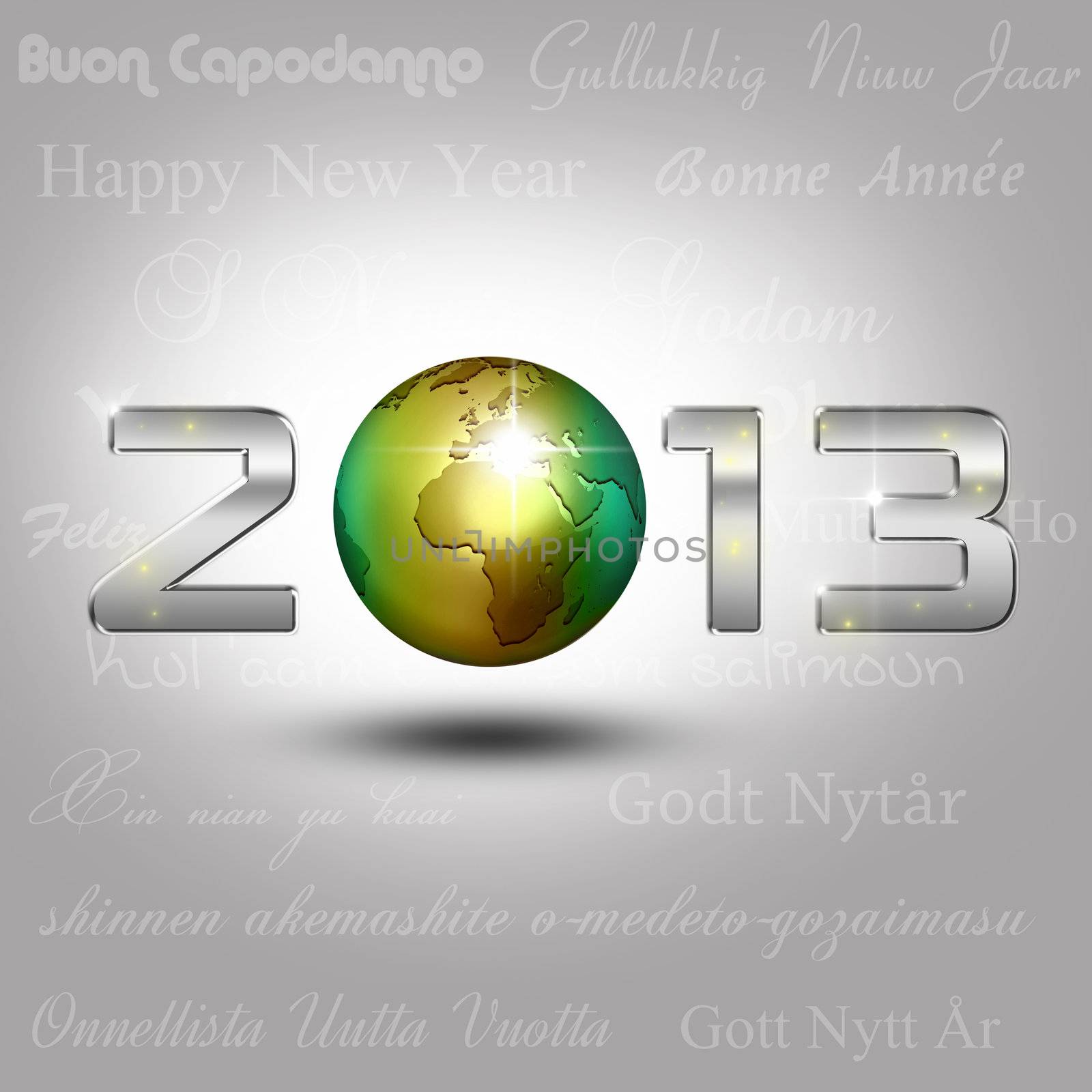 New Year Illustration: A golden globe with shiny silver number 2013 on a light grey background with New Year greetings in different languages.
