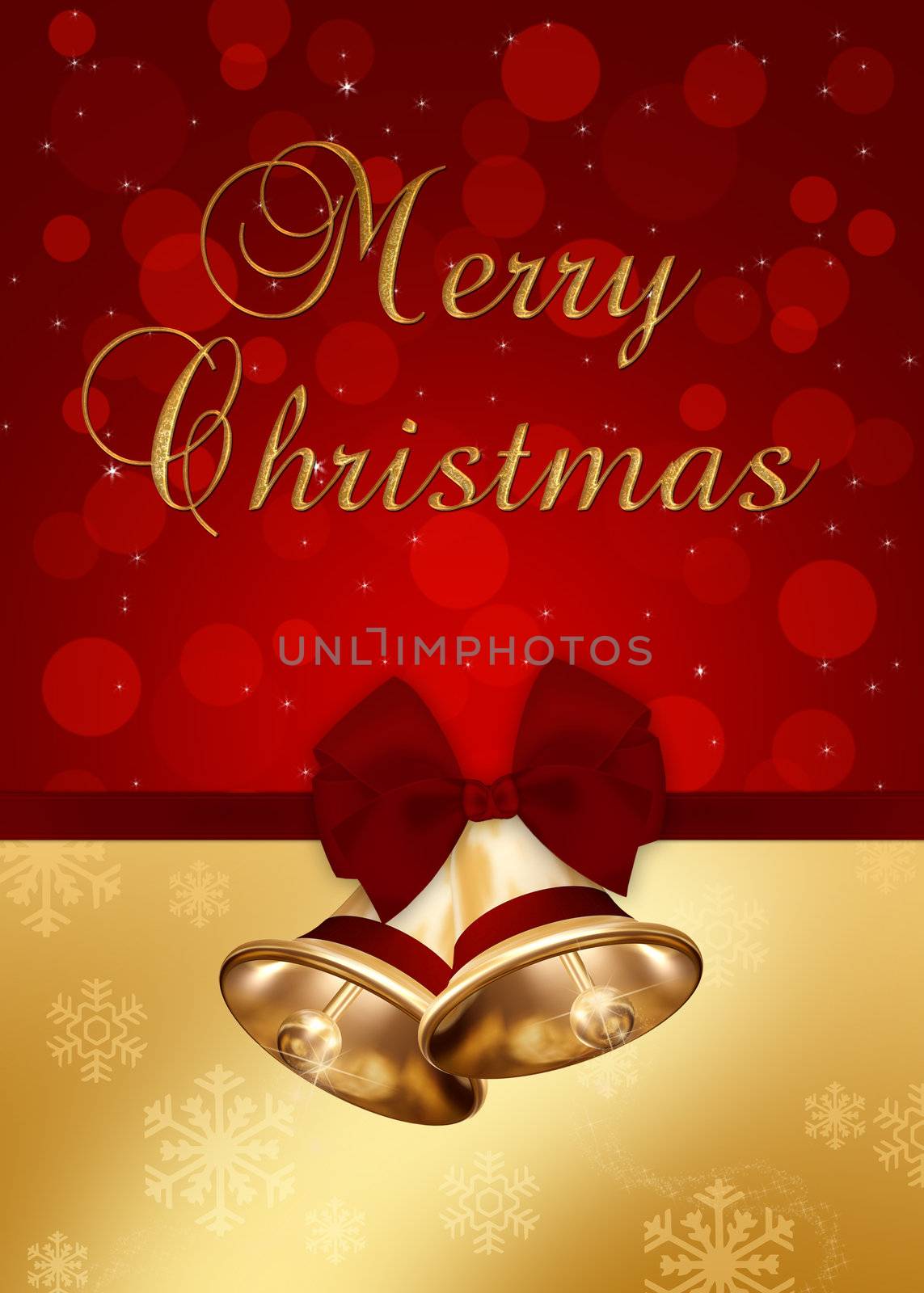 Elegant and unique Christmas illustration with 2 golden Christmas bells and red bow and ribbon on 2 different
backgrounds: a red bokeh background and a golden snowflakes background.