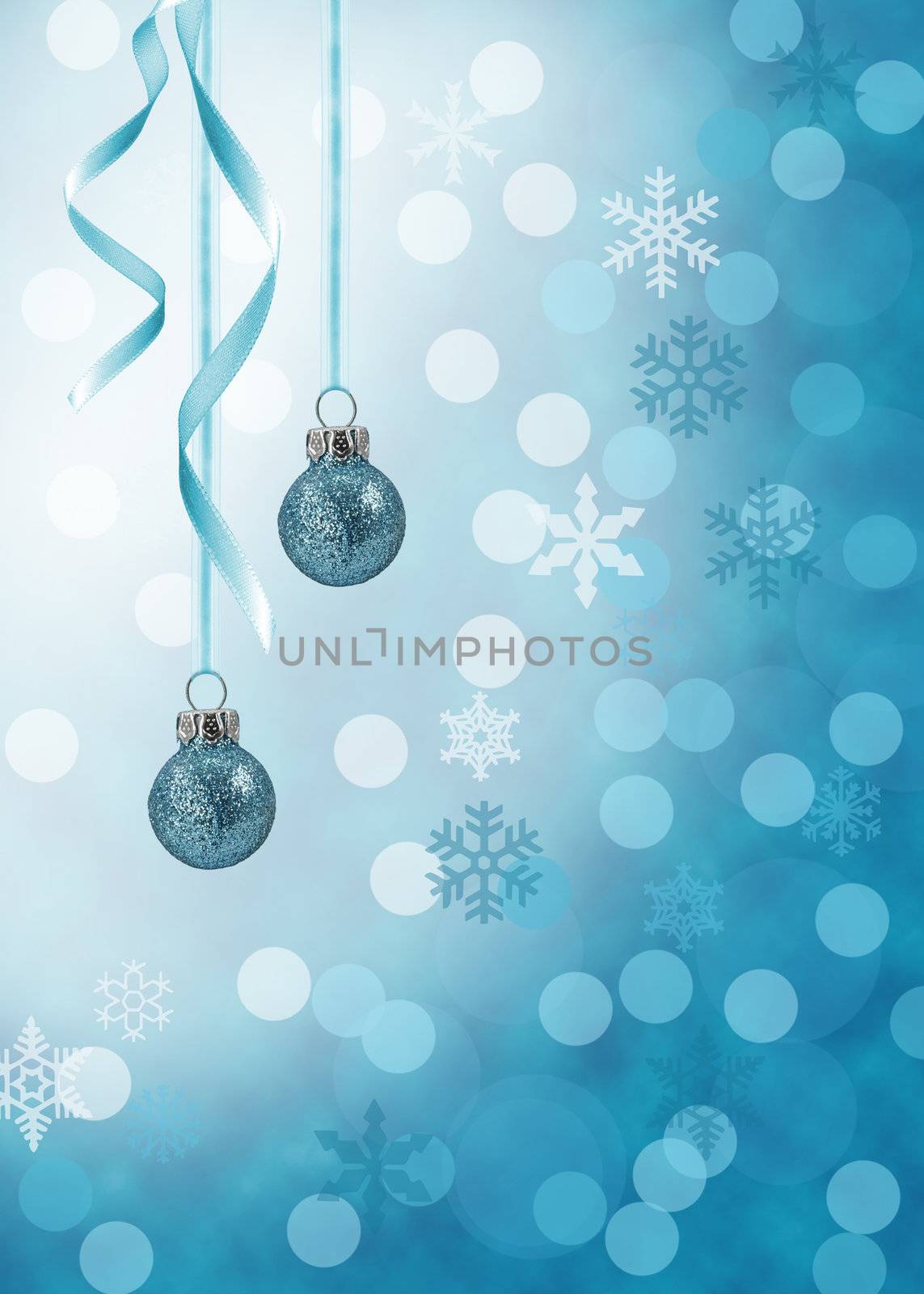 Christmas illustration in blue: Blue glitter ornaments with curled ribbons on a white-blue bokeh background.