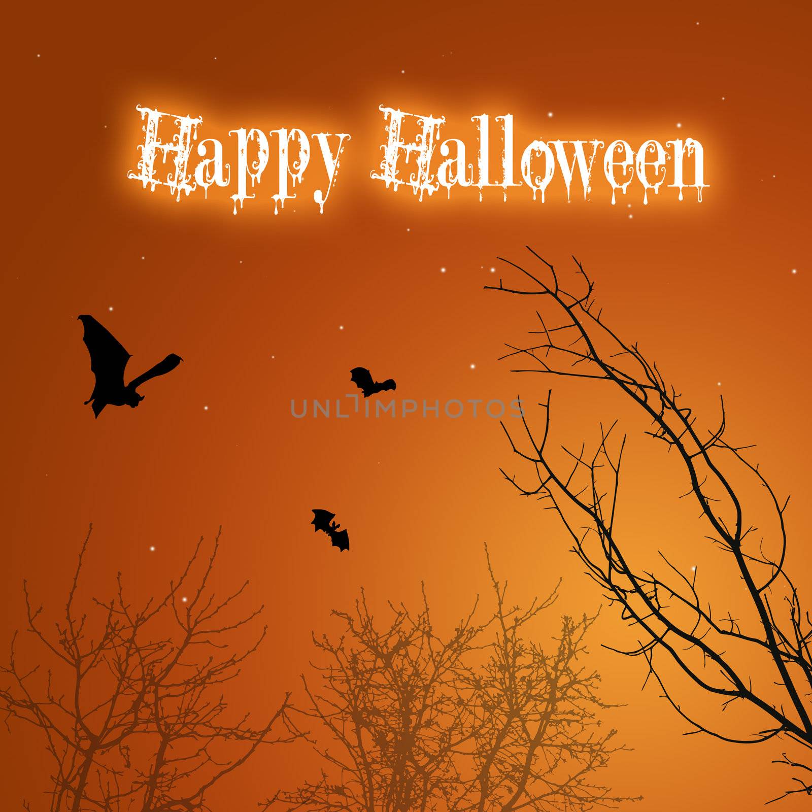 A silhouette Halloween illustration: Spooky black bats and creepy trees with a drippy "Happy Halloween" Greeting on a mystic background.