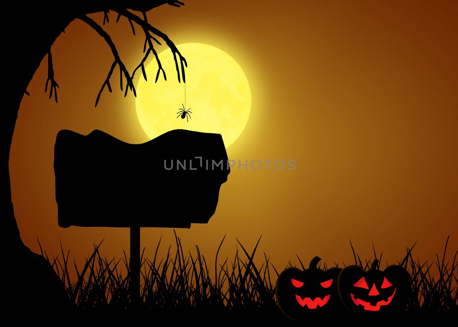 A silhouette Halloween illustration: Scary black landscape with a tree and a spider in front of the full moon,
a sign and two halloween pumpkins.