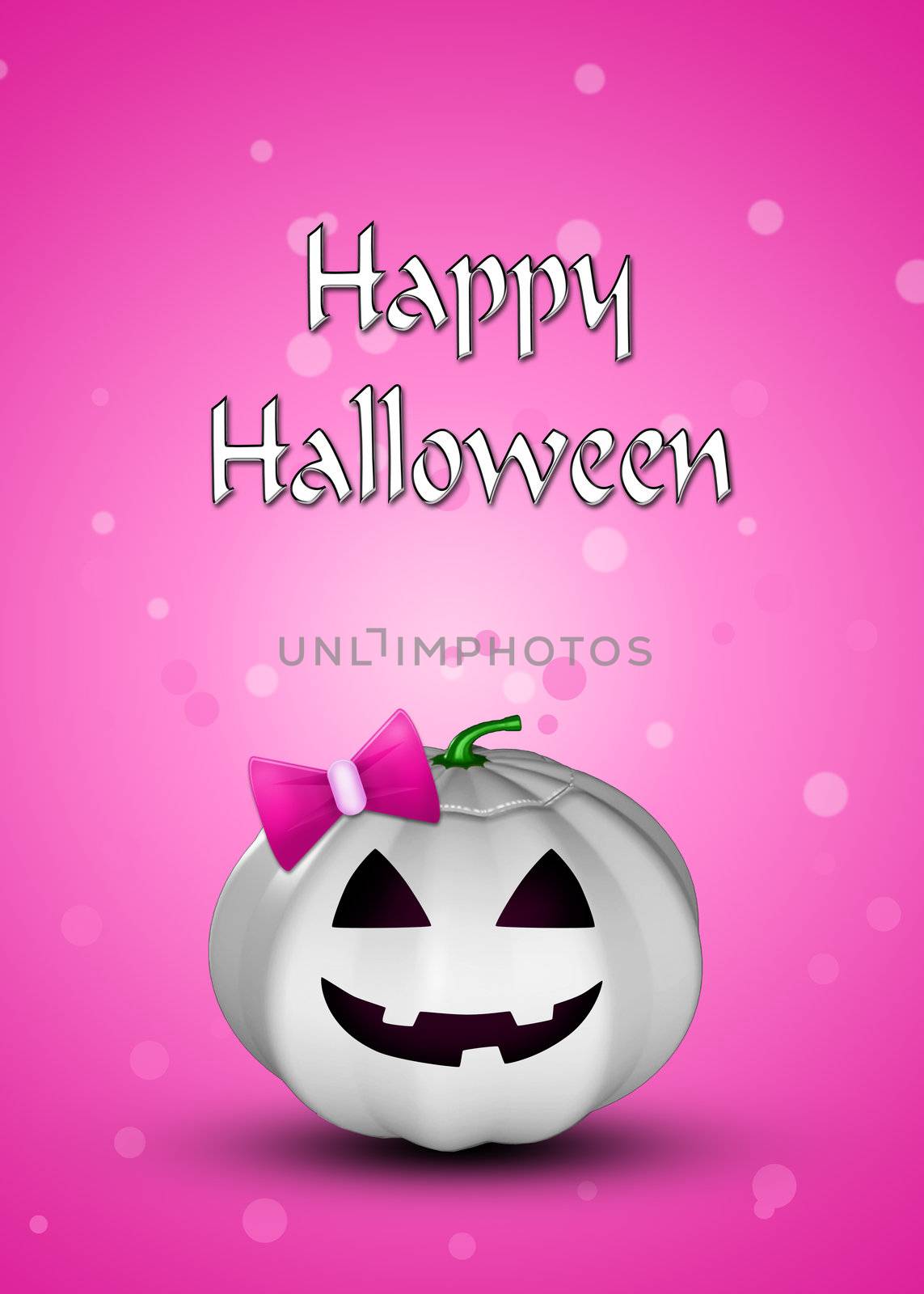 Halloween illustration: a white pumpkin with a pink bow on a pink background with bokeh.