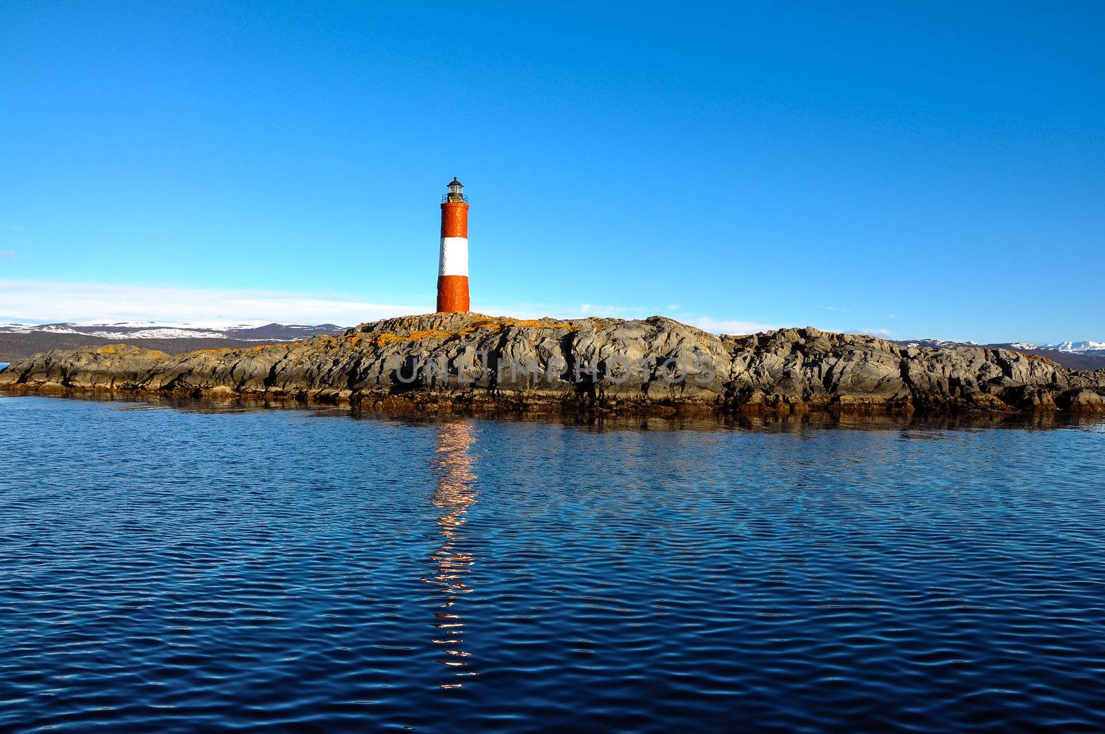 The lighthouse of Ushuaia on an island in the Beagle Channel.