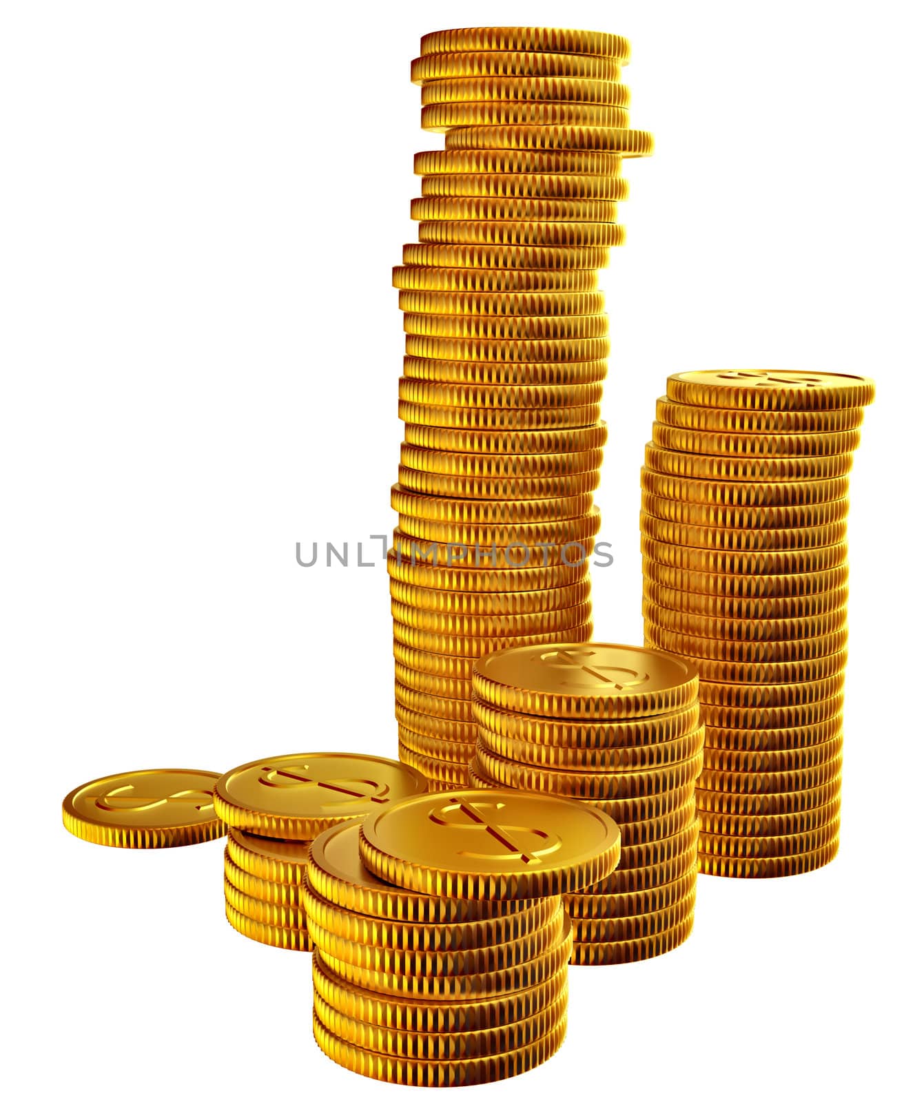 Stacks of golden dollar coins on white background