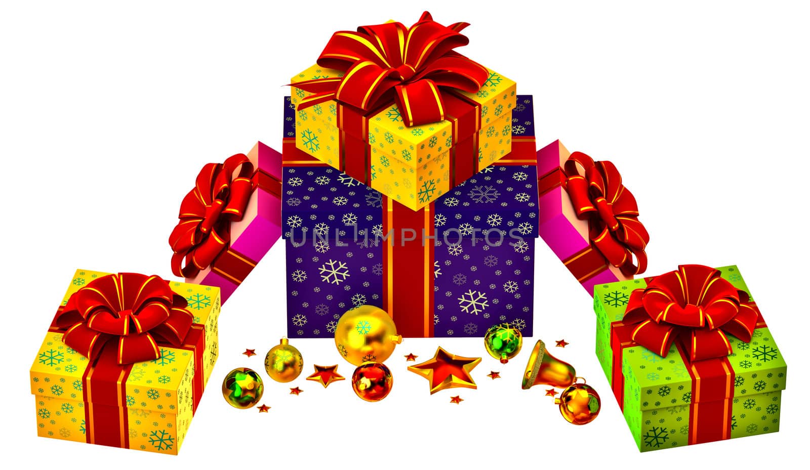 Christmas tree toys and set of pink, yellow, green and blue boxes ornamented with the snowflakes and decorated by red bows as gifts
