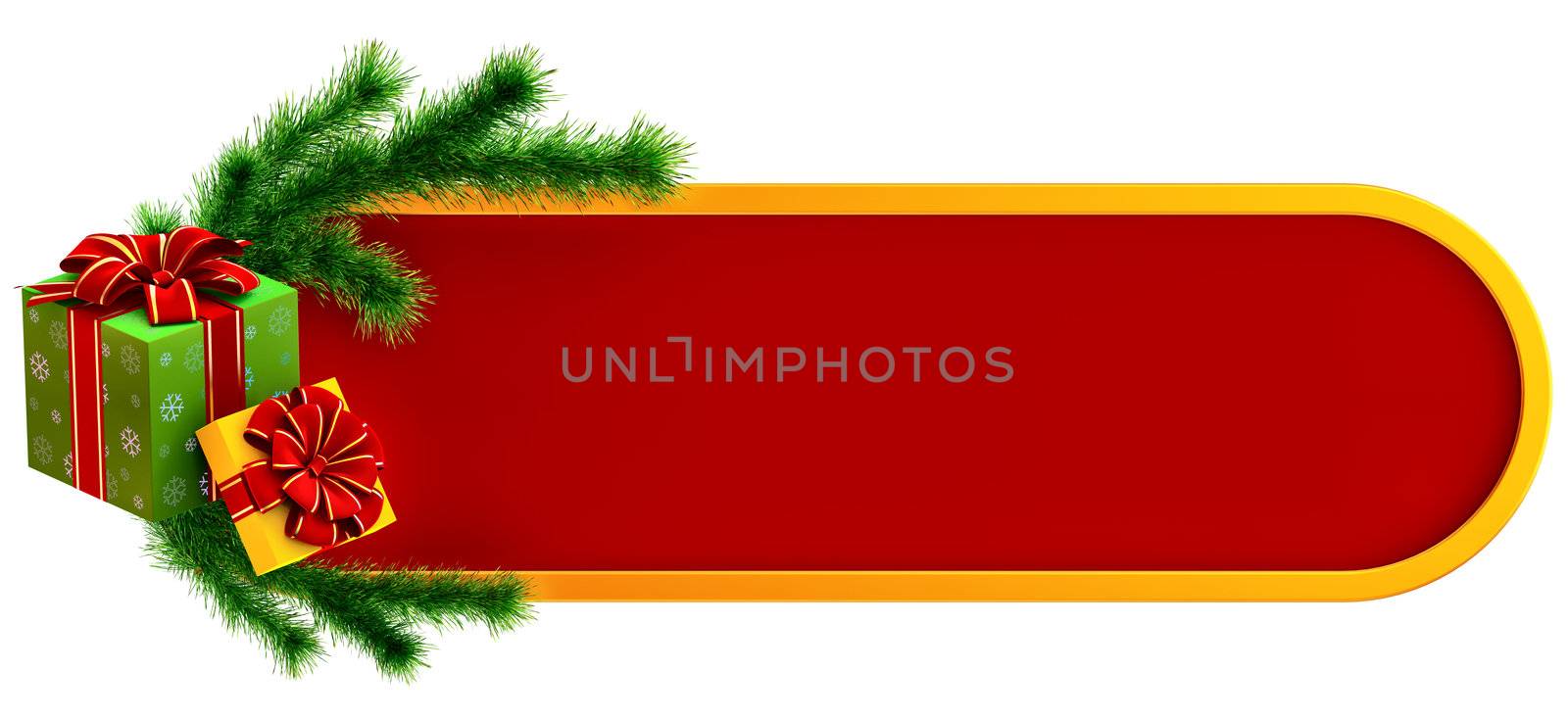 christmas frame decorated of green fir branch and two boxes ornamented of snowflakes and decorated by red bows as gifts