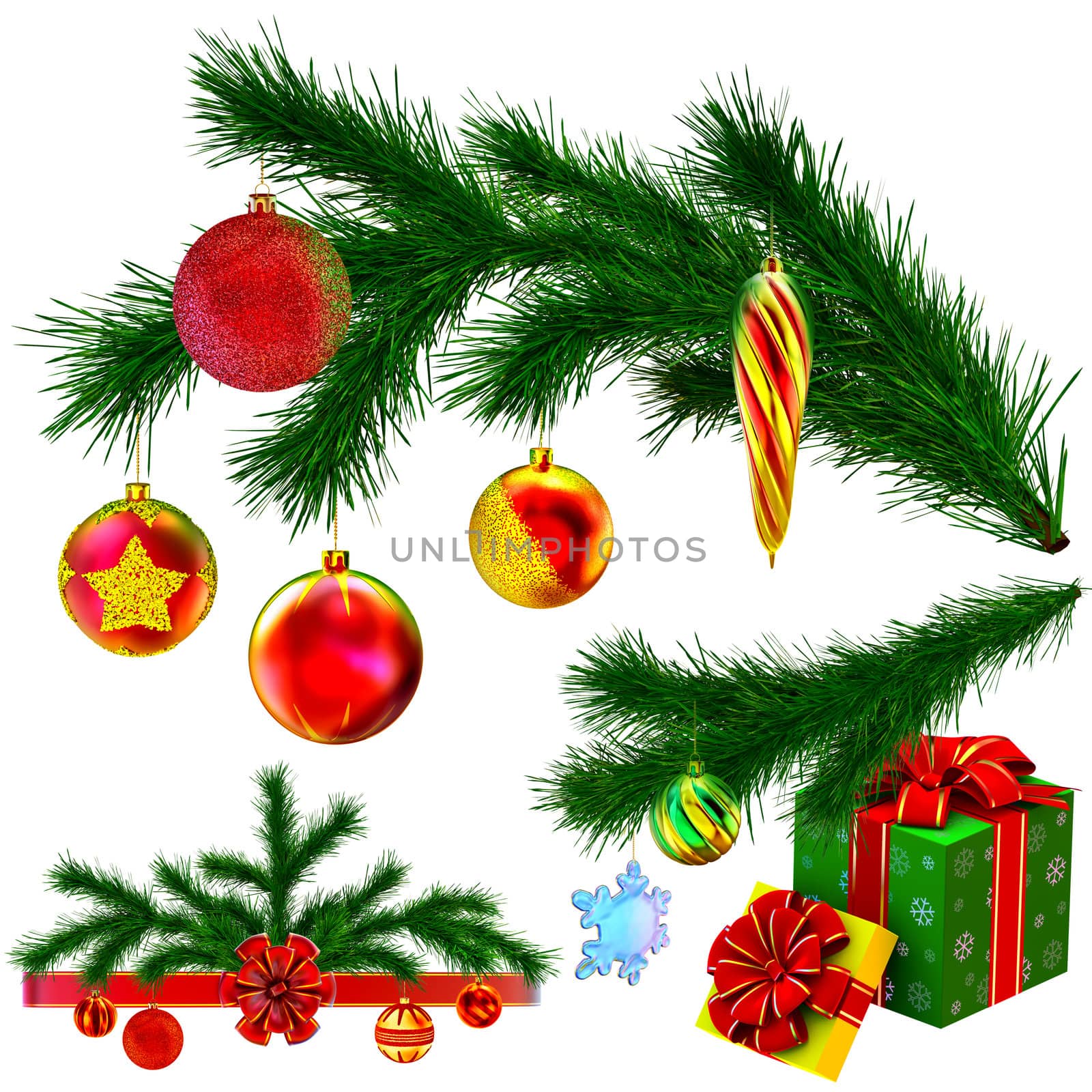 set of Christmas tree fir branches decorated of christmas balls, bow and gifts on white background