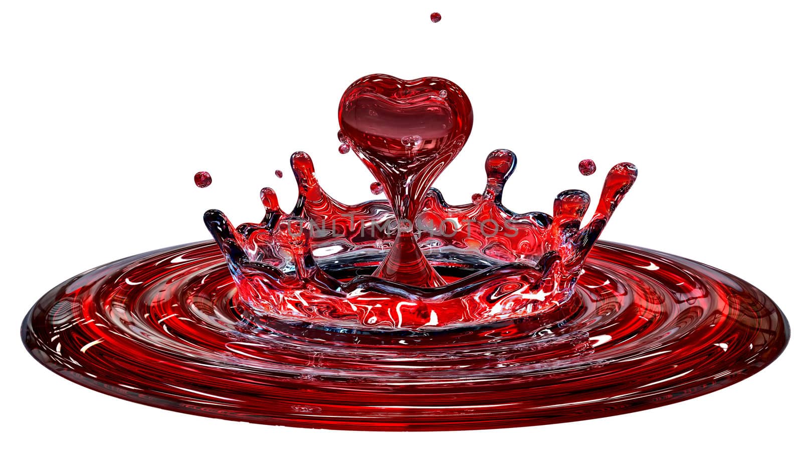 falling heart shaped water drop into the red water