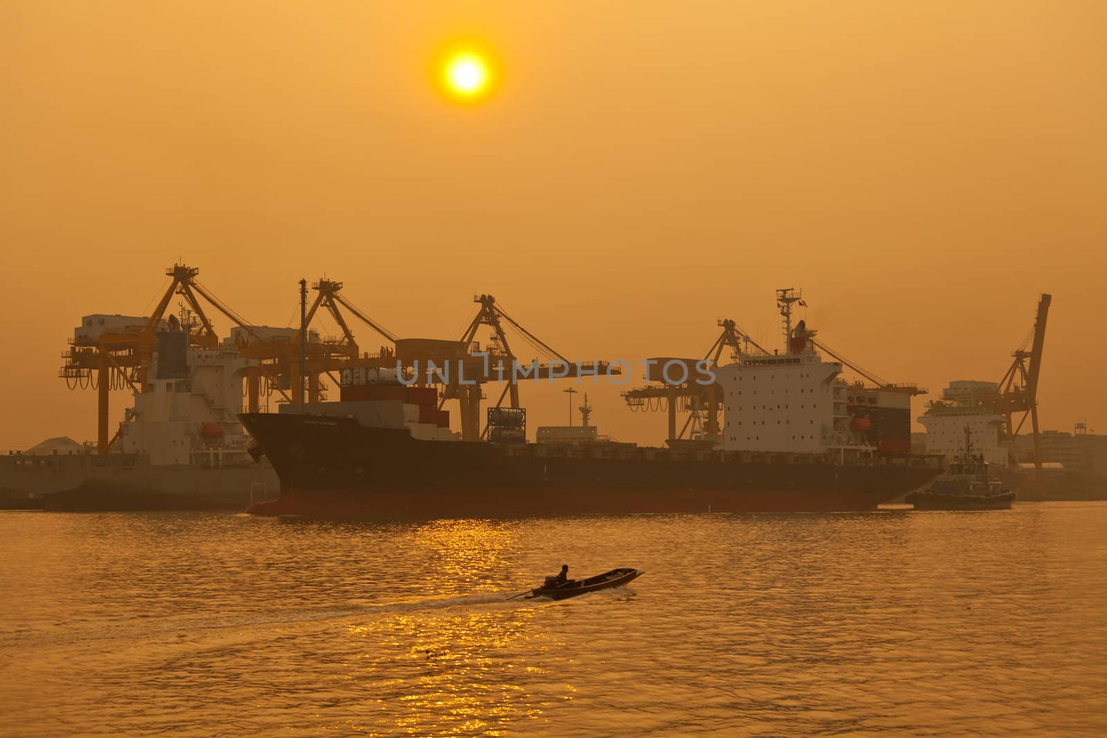 Industrial shipping port on sunset in Bangkok, Thailand