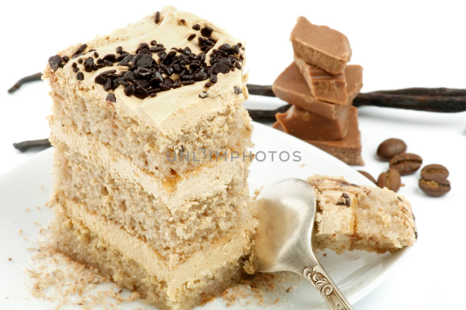 Rum Cream Cake with Chocolate and Vanilla closeup on white plate