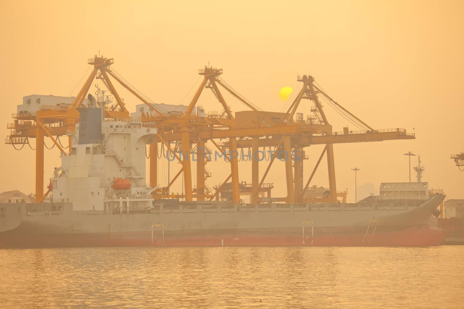 Industrial shipping port on sunset in Bangkok, Thailand