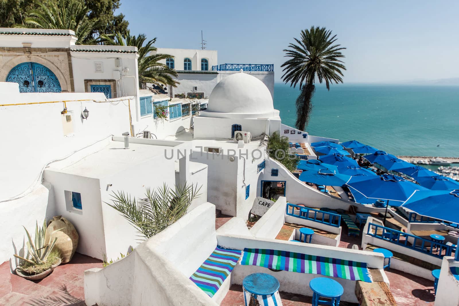 Houses of Sidi Bou Said by the shores of the Mediterranean sea in Tunisia