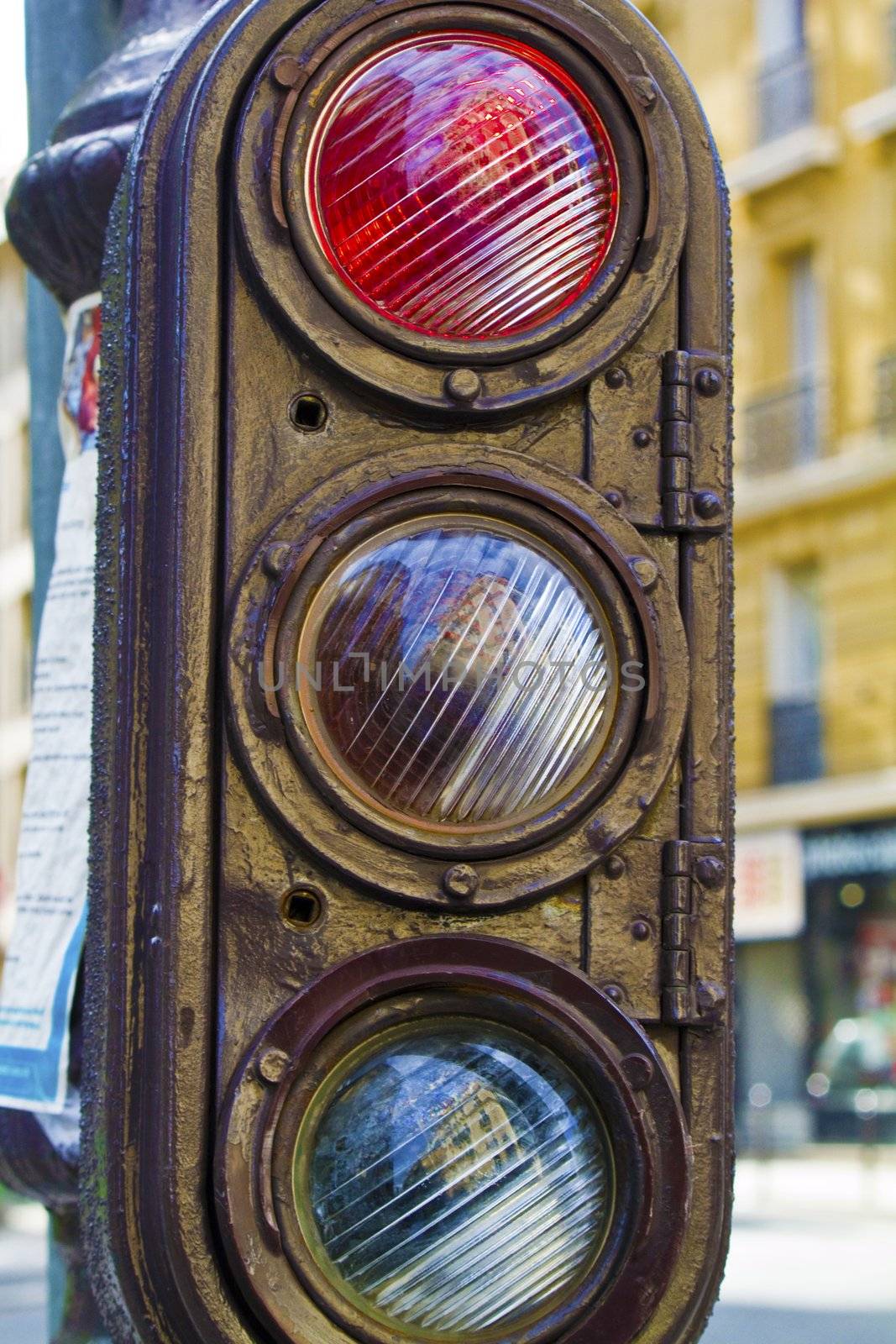 Close up view of an old vintage traffic light.