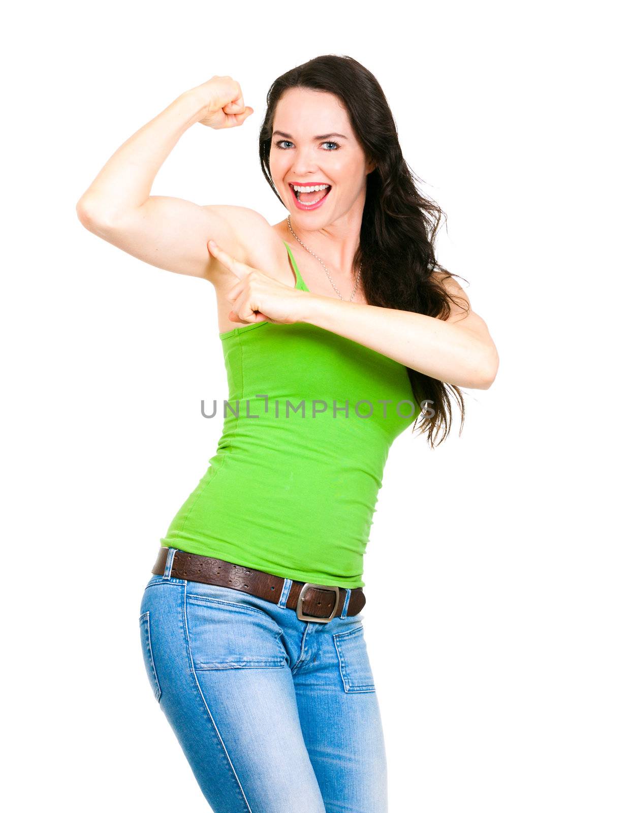 A fit happy woman pointing to flexed muscle by Jaykayl