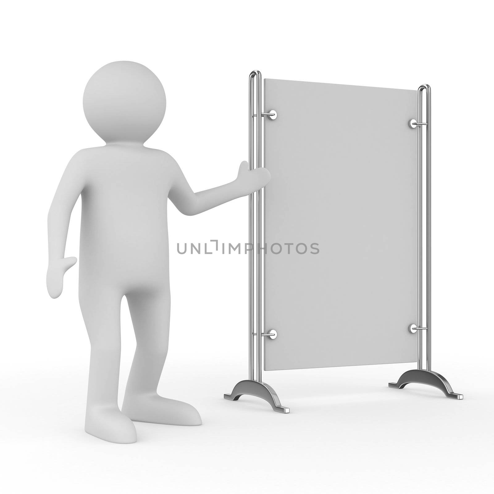 man and billboard on white background. Isolated 3D image