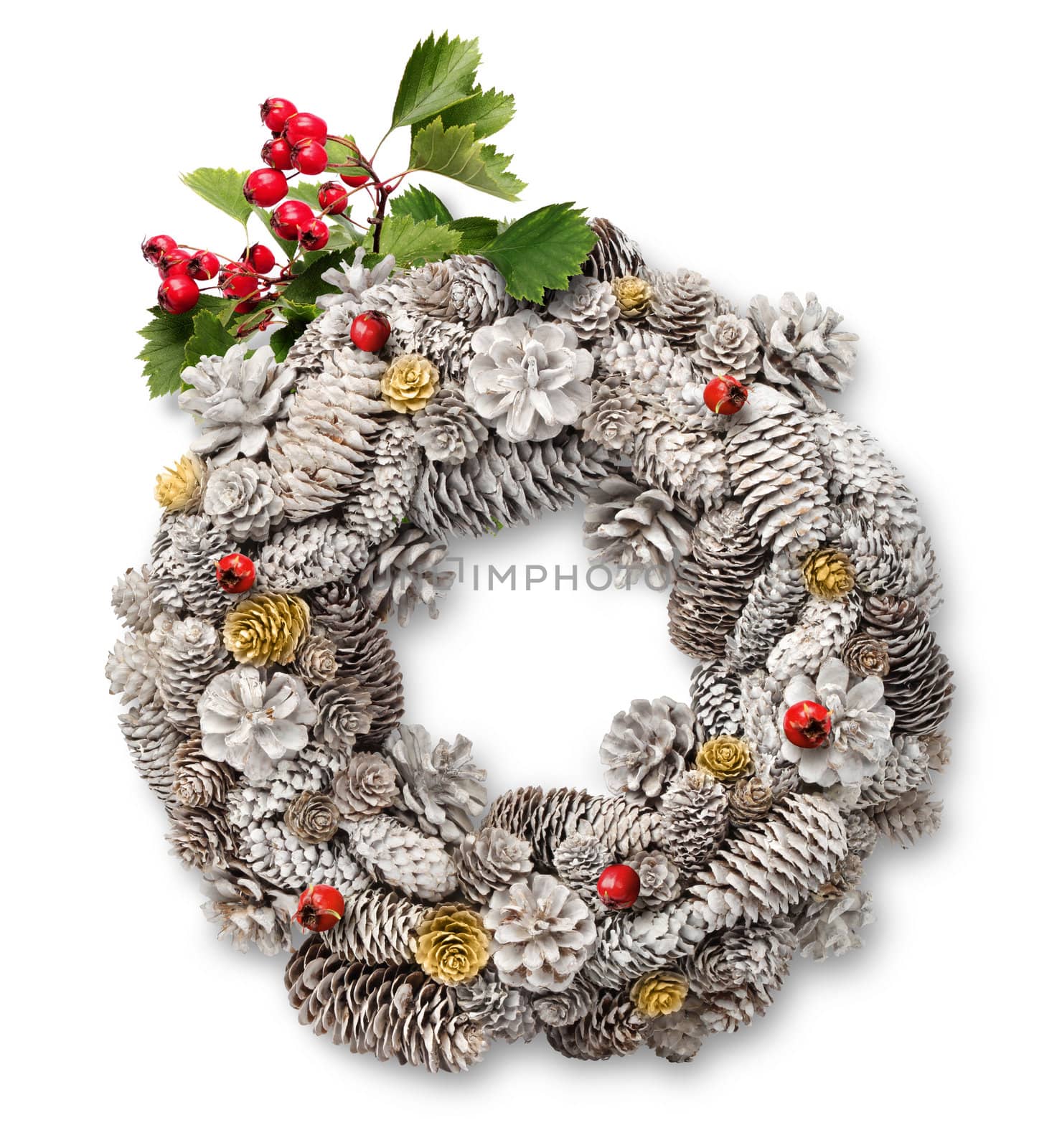 White Christmas door wreath decoration with cones, hawthorn branch and berries
