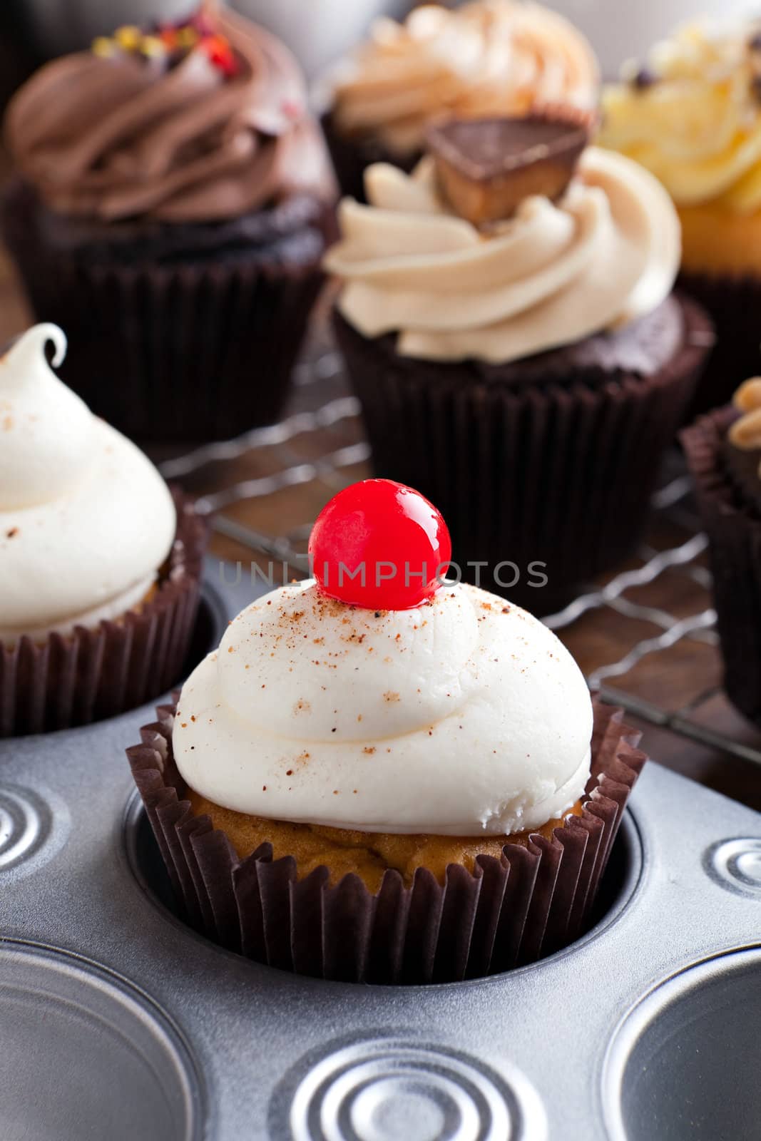 Close up of some decadent gourmet cupcakes frosted with a variety of icing flavors and toppings.