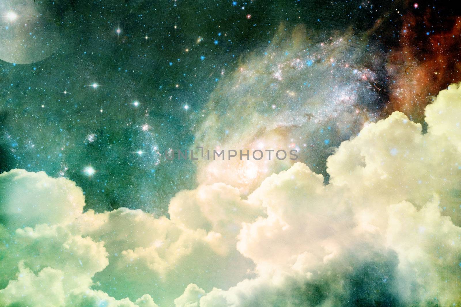 A photobased cloudscape with clouds, stars and moon with distant galaxies.