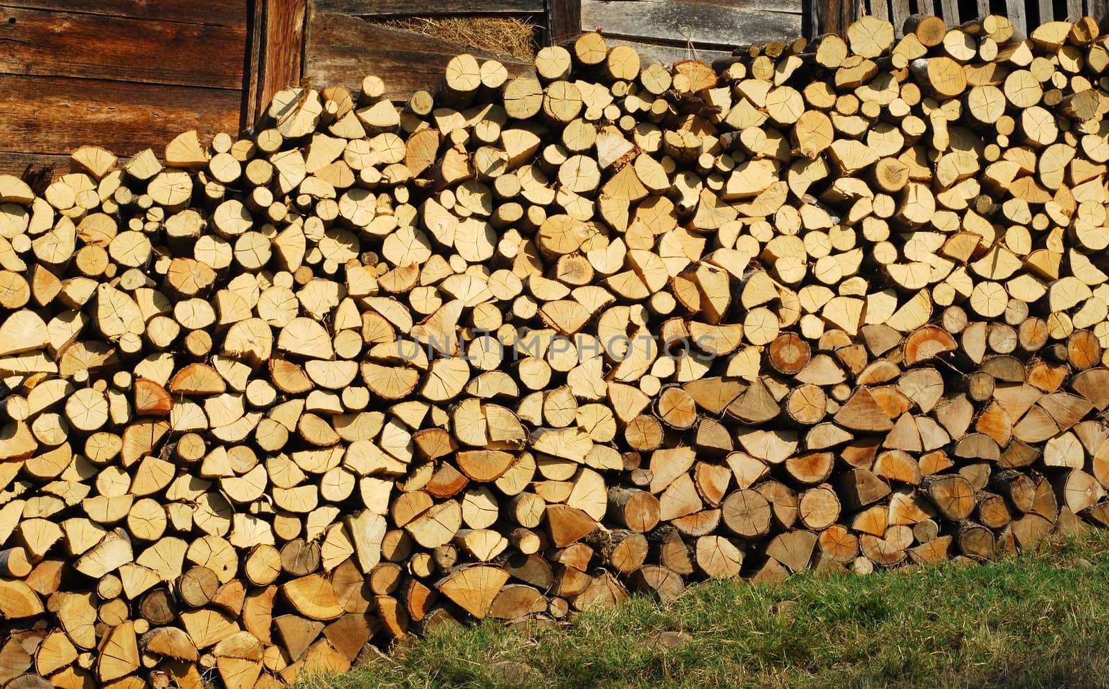 Stacked oak firewood on wall by varbenov