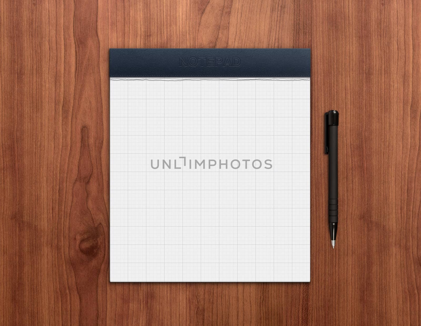 Blank notepad with pen on a wooden desk. High quality graphic collage.