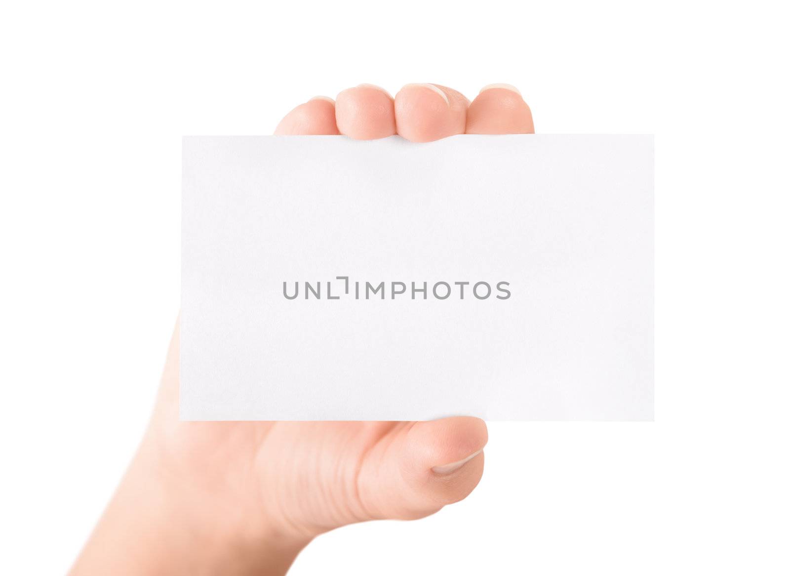 Woman holding and showing blank business card. Isolated on white.