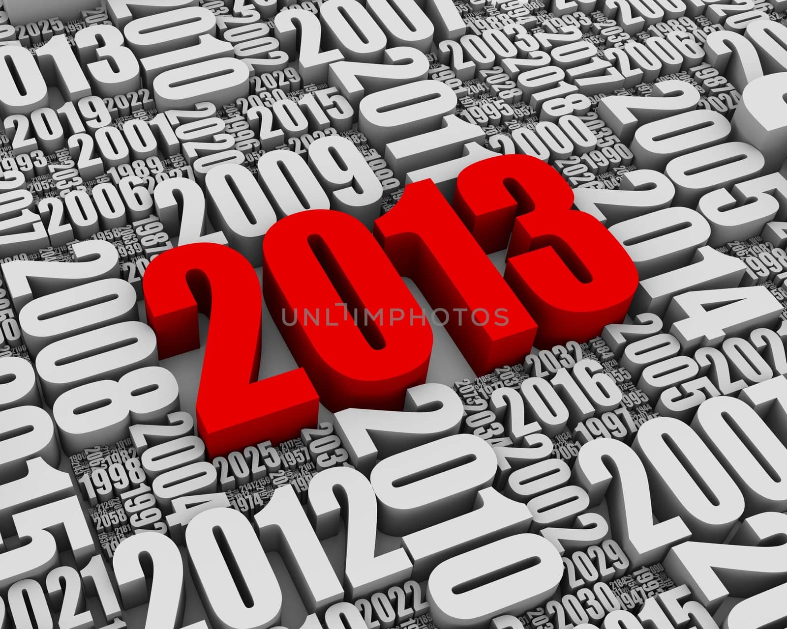 Year 2013 red 3D text surrounded by other dates. Part of a series.
