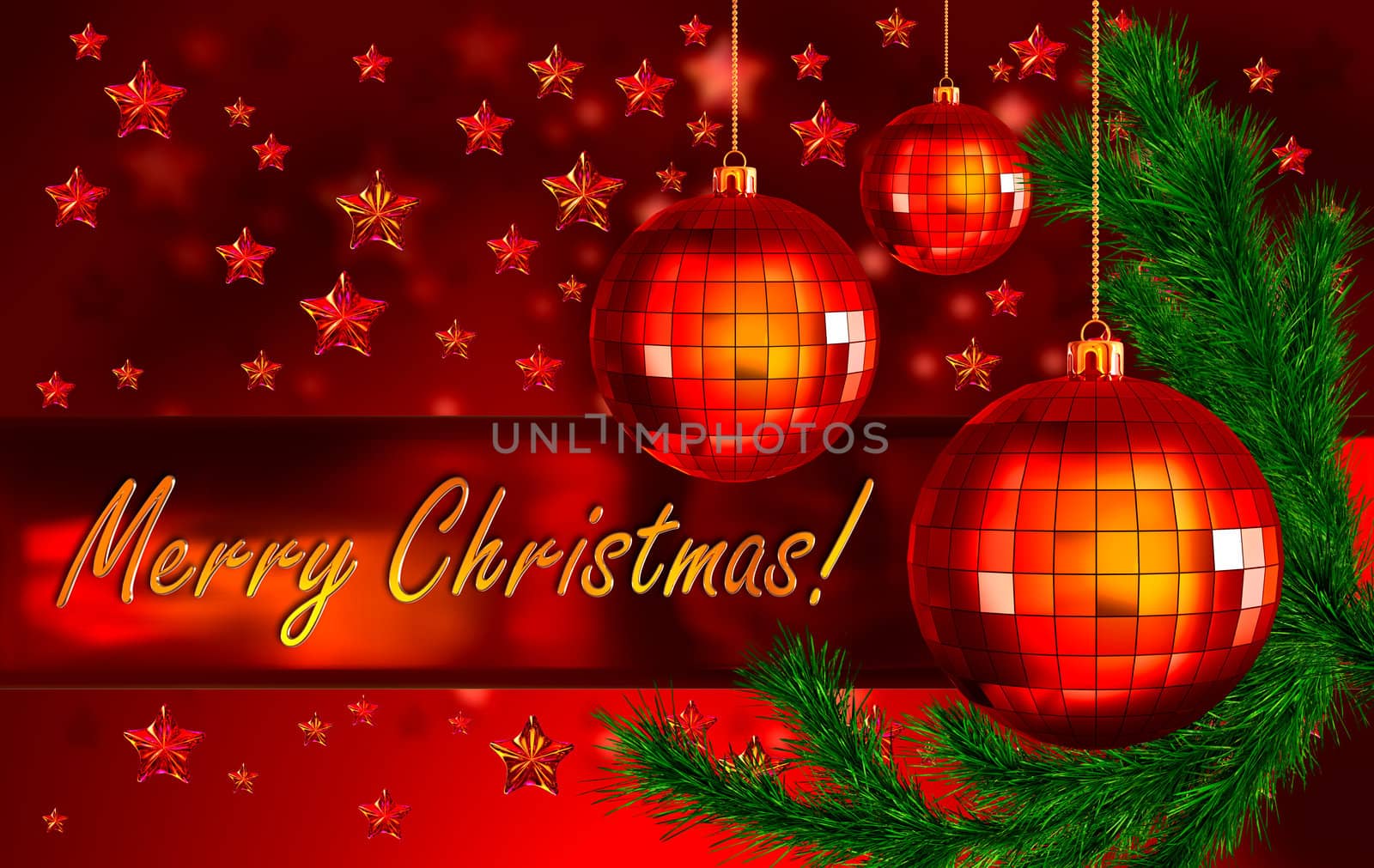 red christmas background with the words Merry Christmas greetings, decorated of green fir branch and three red christmas balls