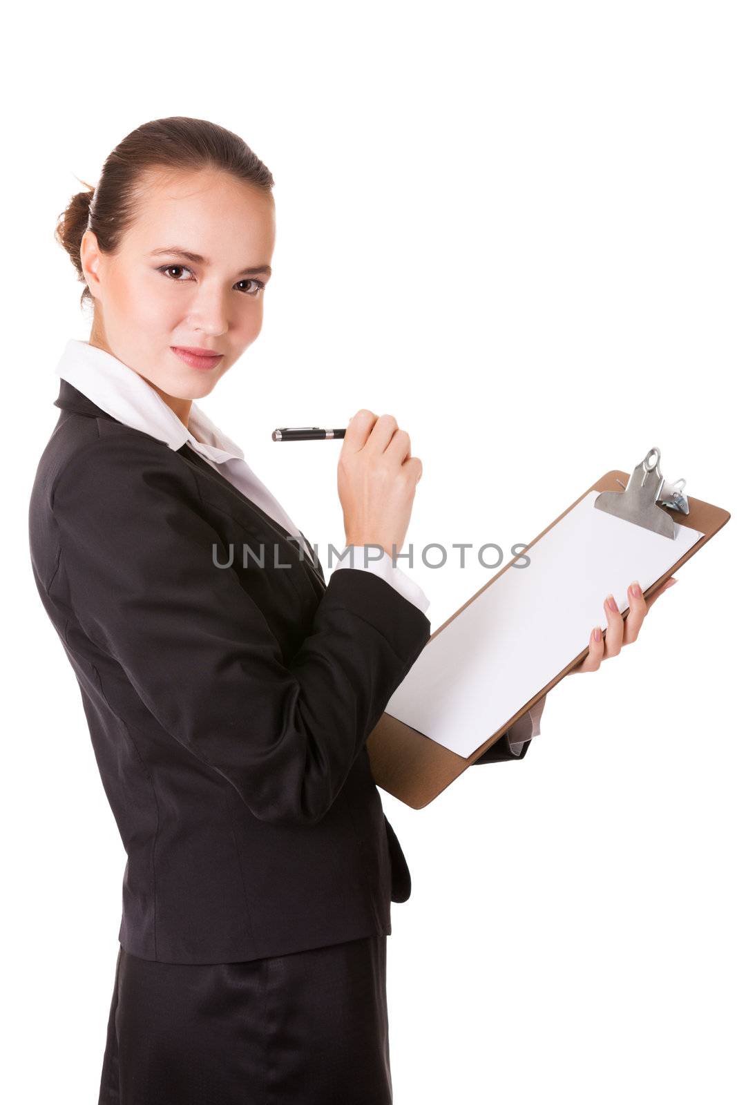 Young smiling businesswoman with pen and paper clipboard by iryna_rasko