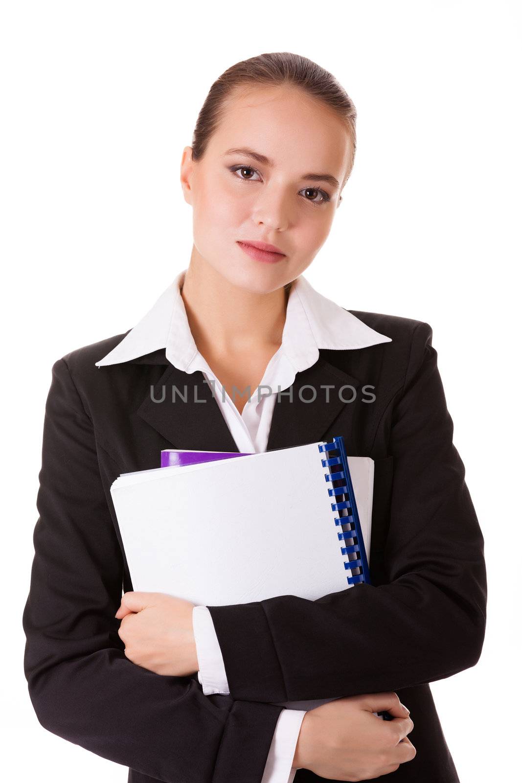 Student woman in business suit with books isolated on white background 