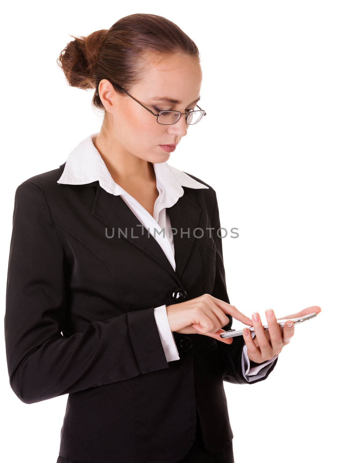 Young business lady touching and browsing her smart phone isolated on white background