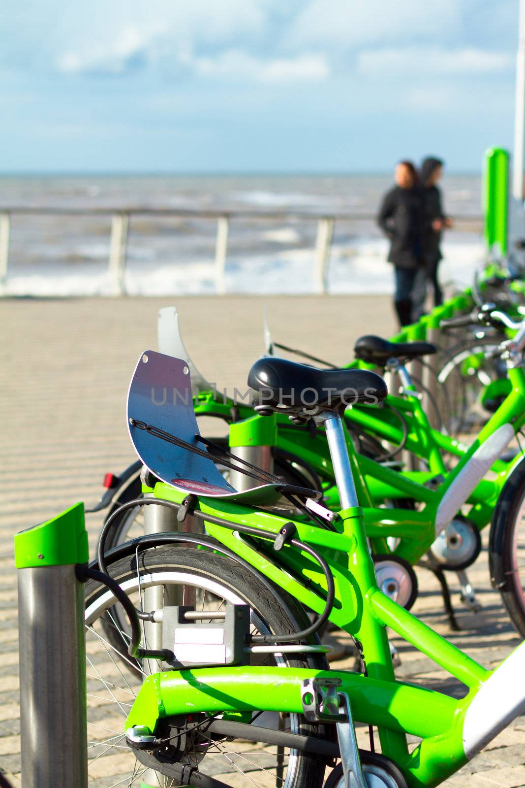 Bicycle rent on the beach of sea