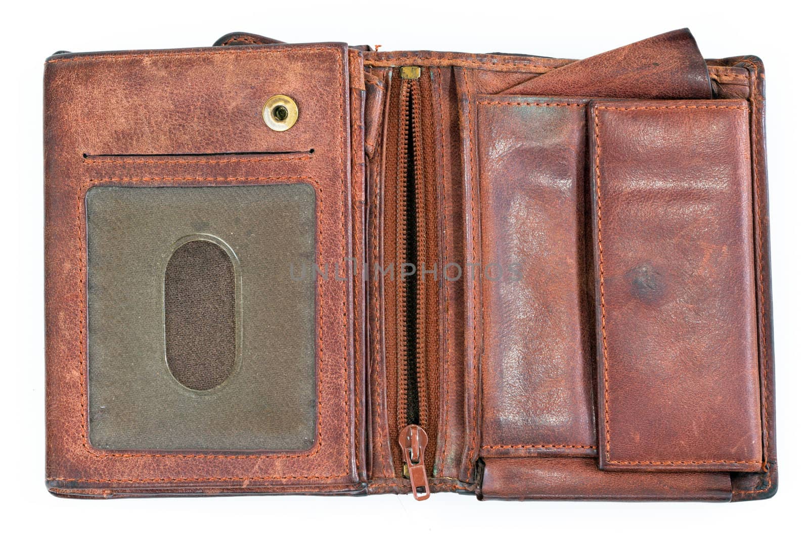 Old  brown leather purse  on white background