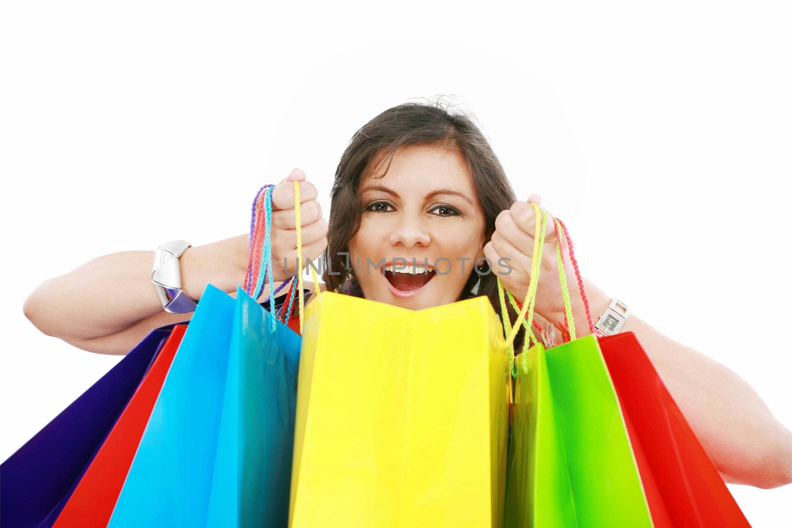 Shopping woman excited, isolated on white
