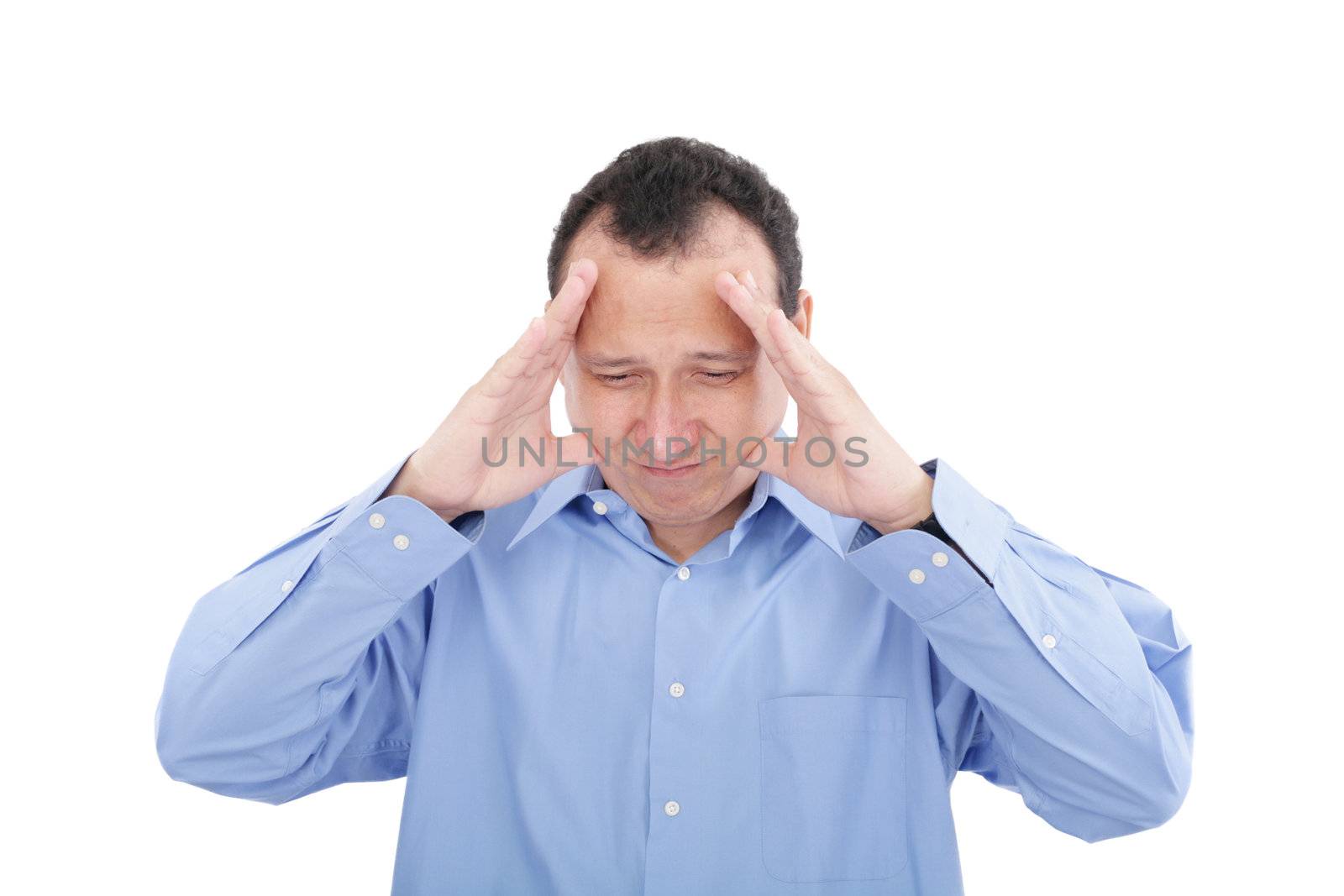 Stressed business man with a headache, isolated over white