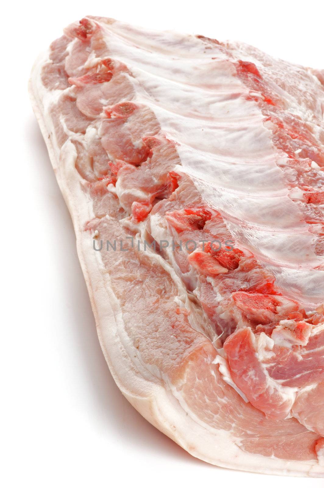 Perfect Big Raw Pork Chop with Ribs closeup on white background