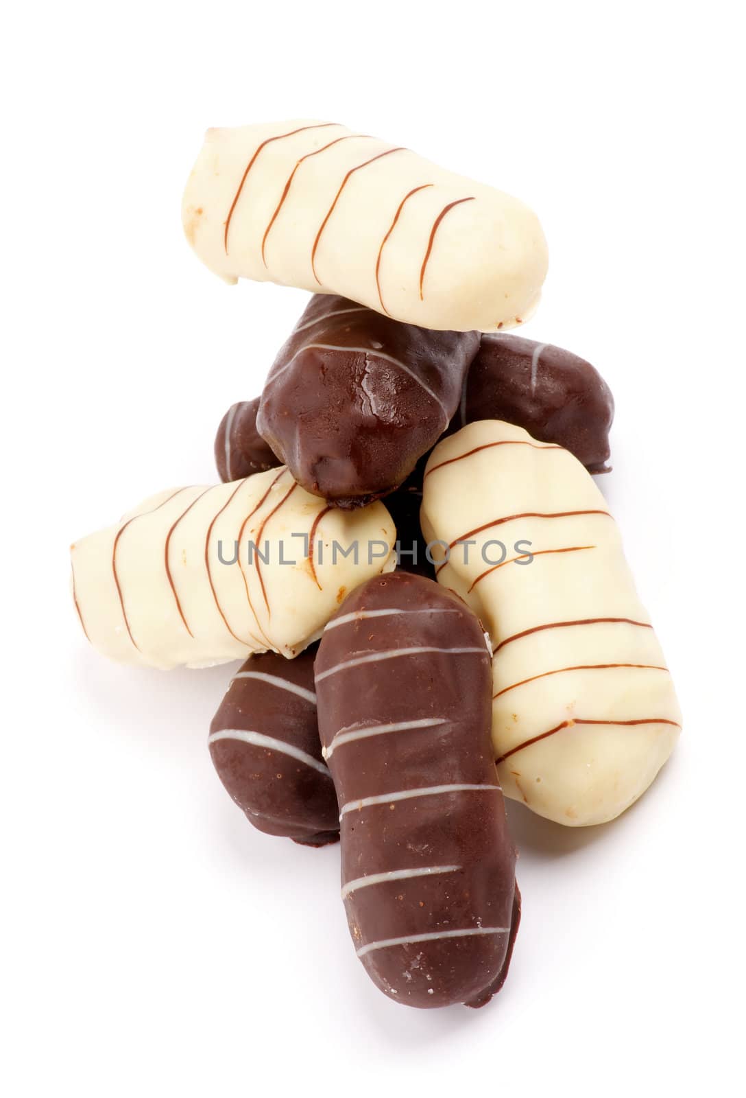 Heap of Eclairs with Dark and White Chocolate Glaze isolated on white background