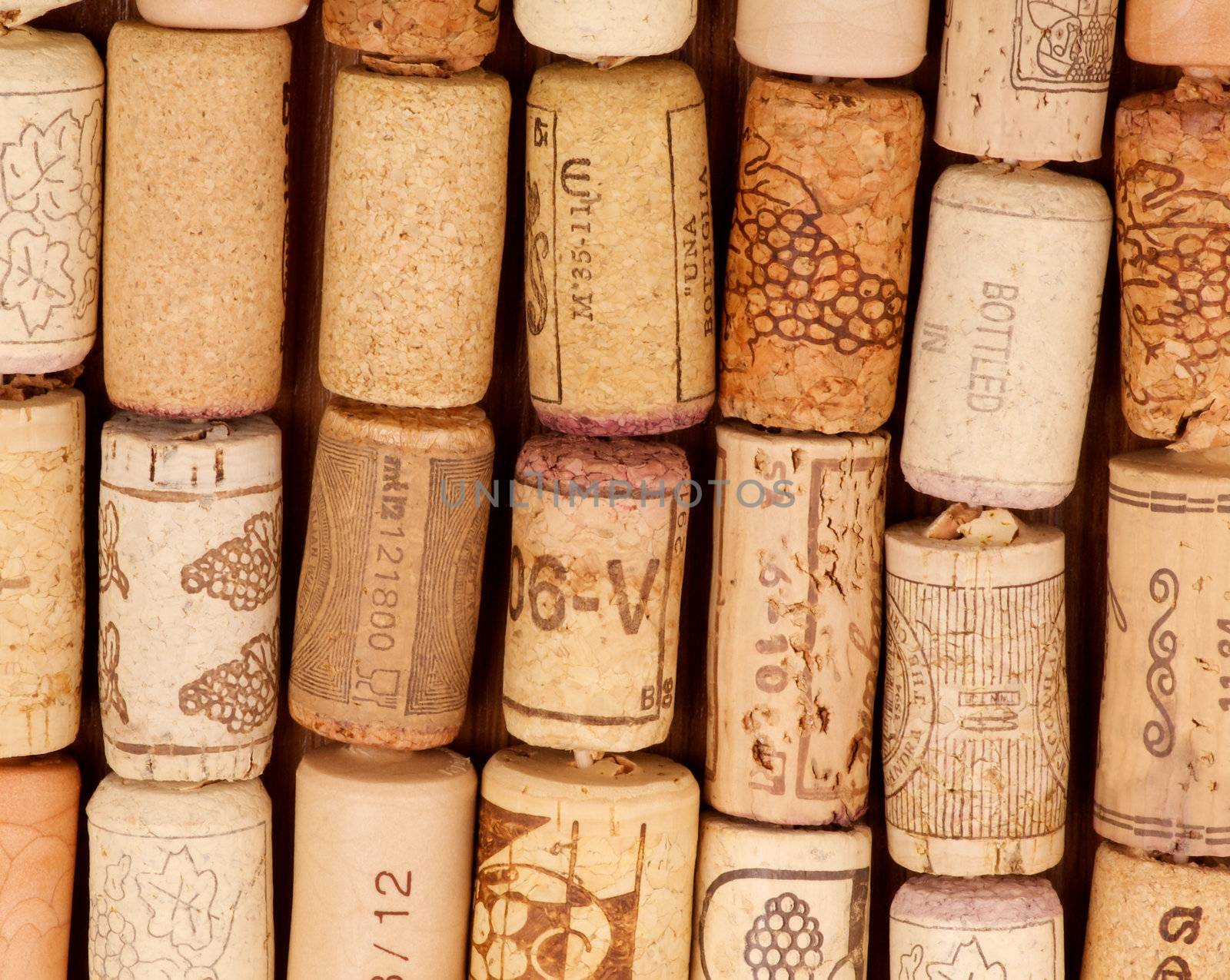 Rows of Old Used Wine Corks closeup