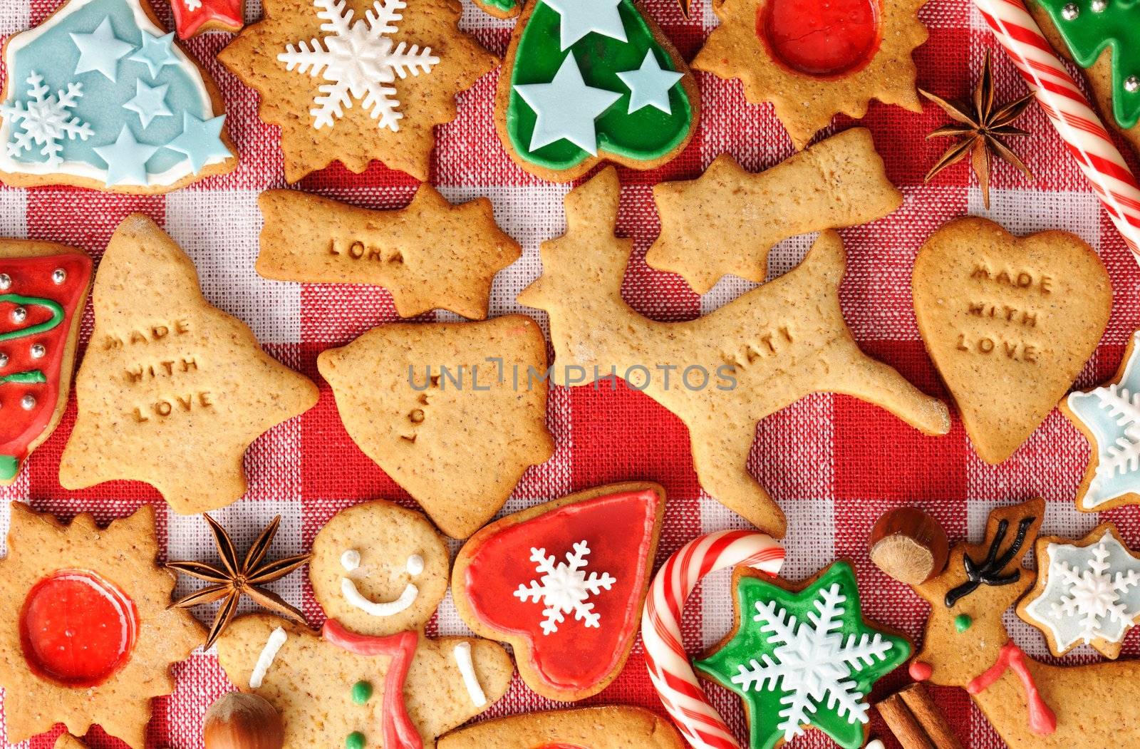 Christmas gingerbread cookies over tablecloth
