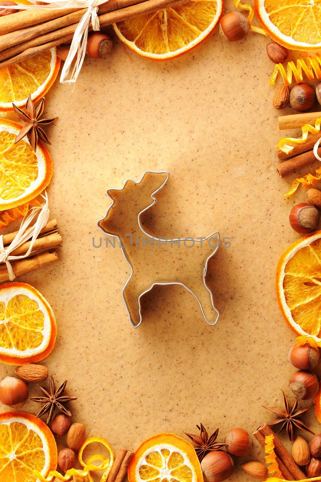 Christmas spices and cookie cutter over homemade gingerbread dough