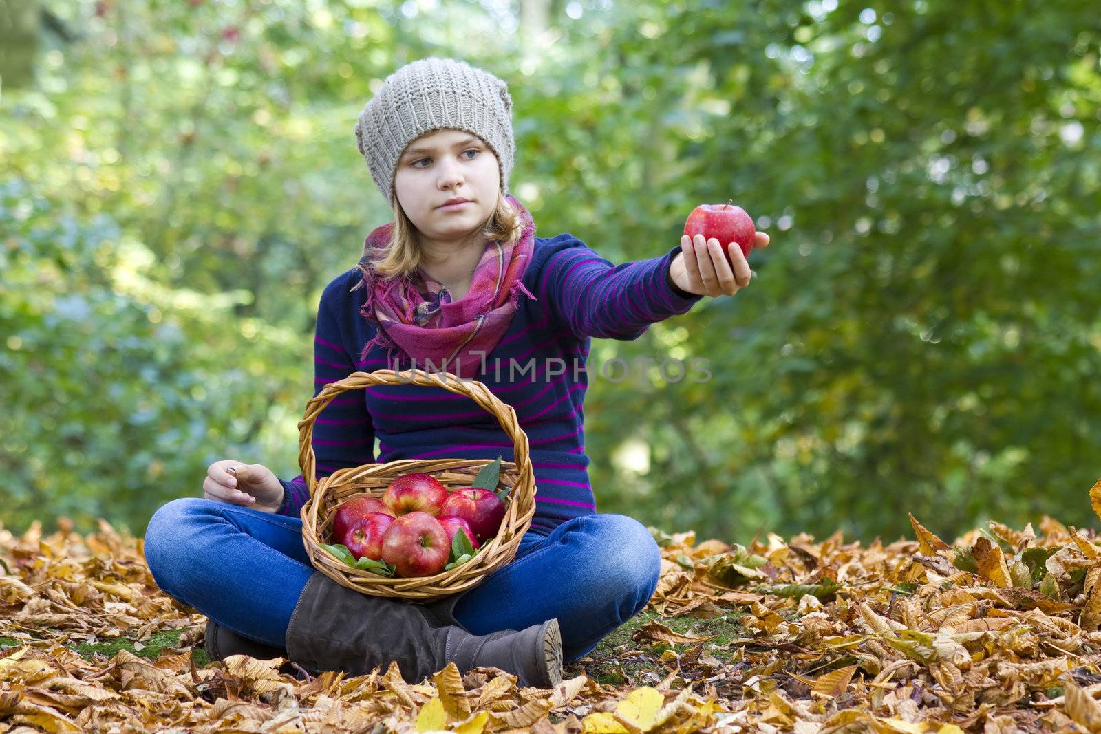 young girl with basket of apples in autumn garden by miradrozdowski