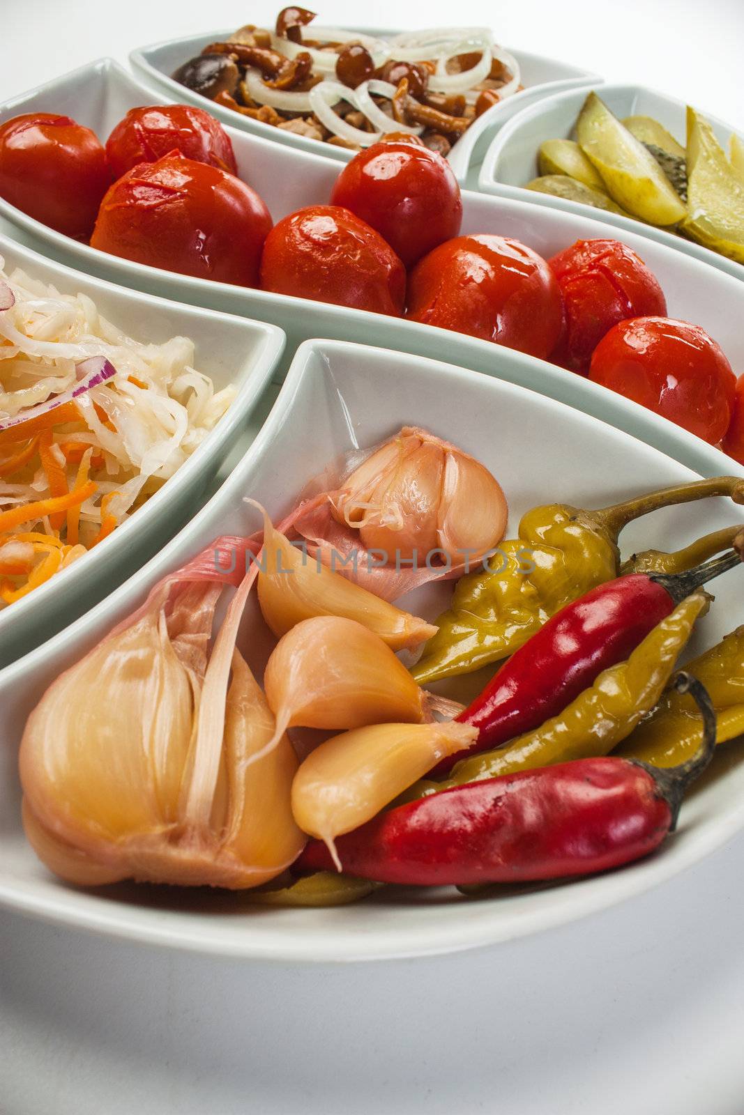 Assorted pickled vegetables and mushrooms