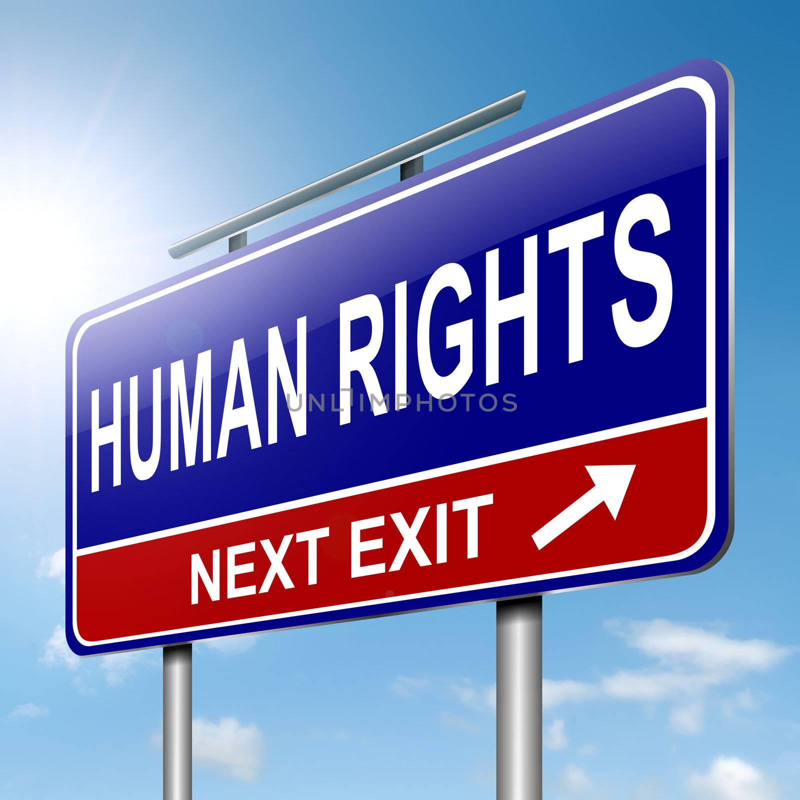 Illustration depicting a roadsign with a human rights concept. Sky background.