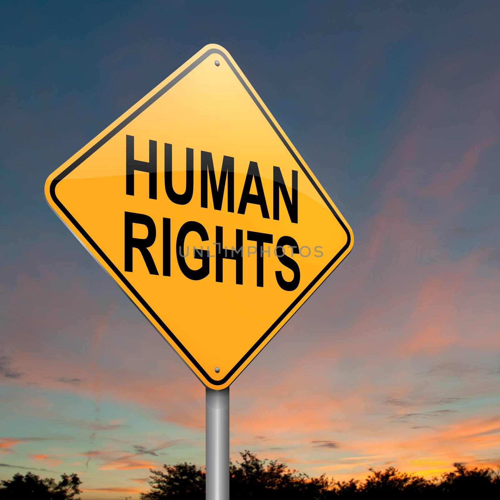Illustration depicting a roadsign with a human rights concept. Dusk sky background.