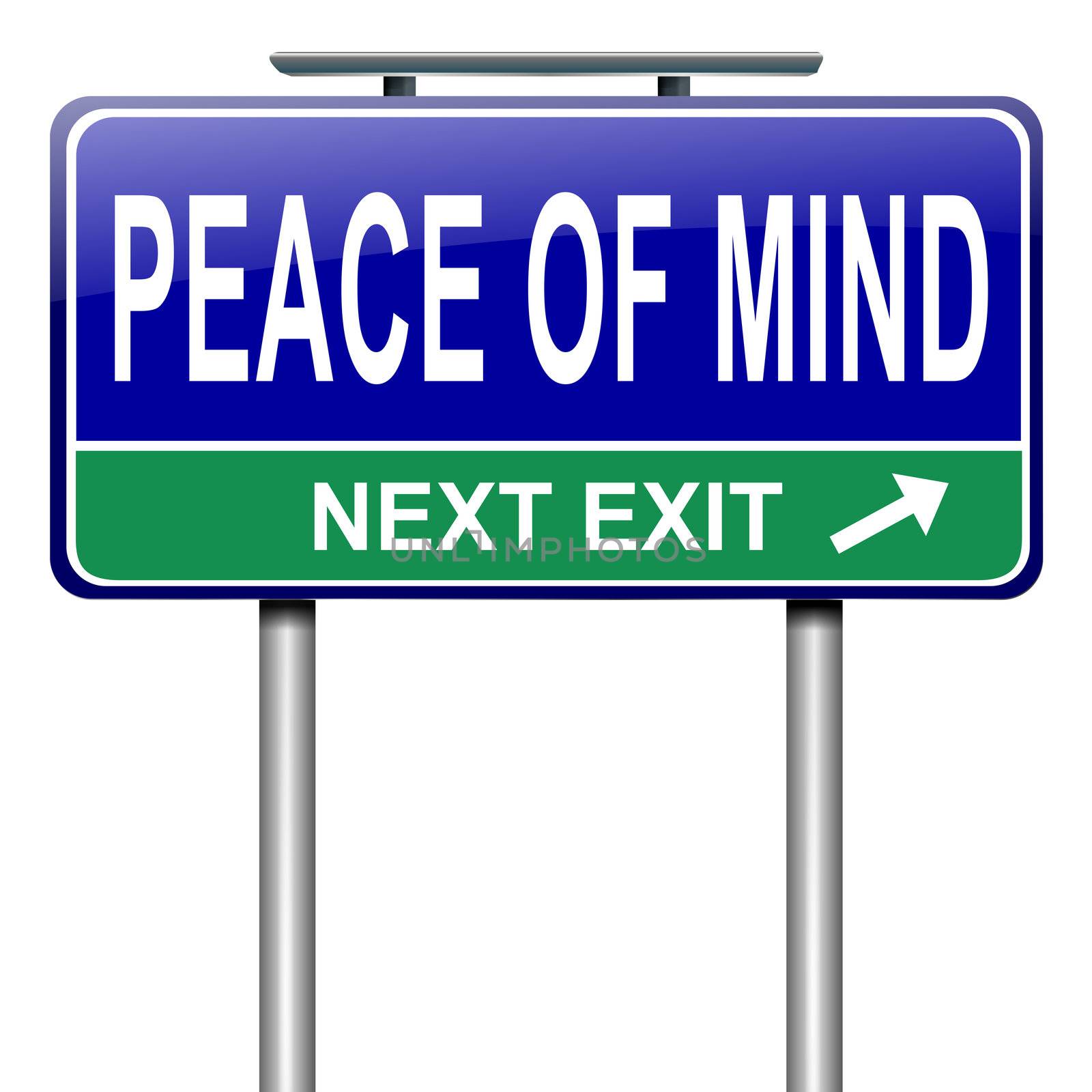 Illustration depicting a roadsign with a peace of mind concept. White background.