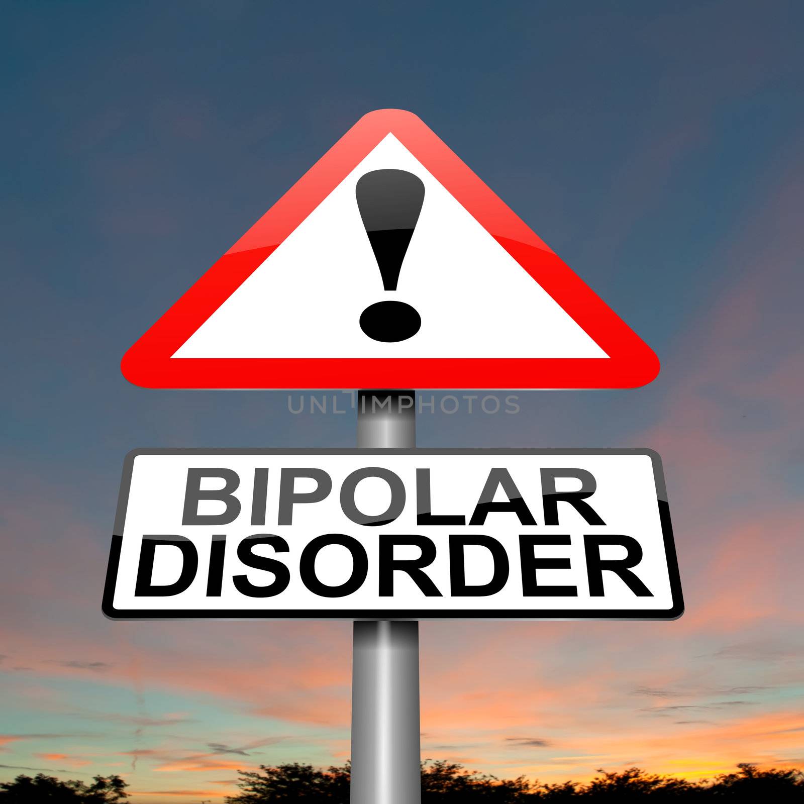 Illustration depicting a roadsign with a bipolar disorder concept. Dusk sky background.